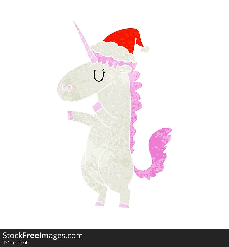 Retro Cartoon Of A Unicorn Wearing Santa Hat