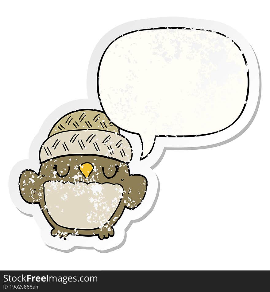 cute cartoon owl in hat and speech bubble distressed sticker