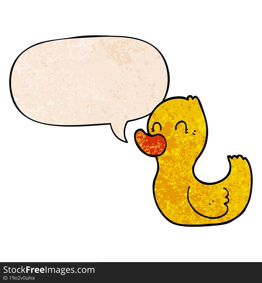 cartoon duck and speech bubble in retro texture style