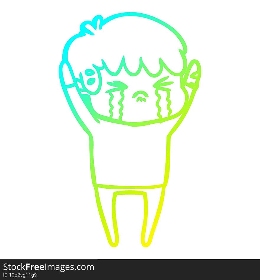 cold gradient line drawing of a cartoon boy crying