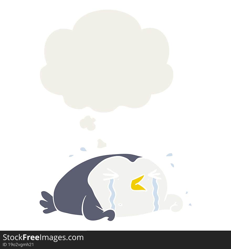 cartoon crying penguin with thought bubble in retro style