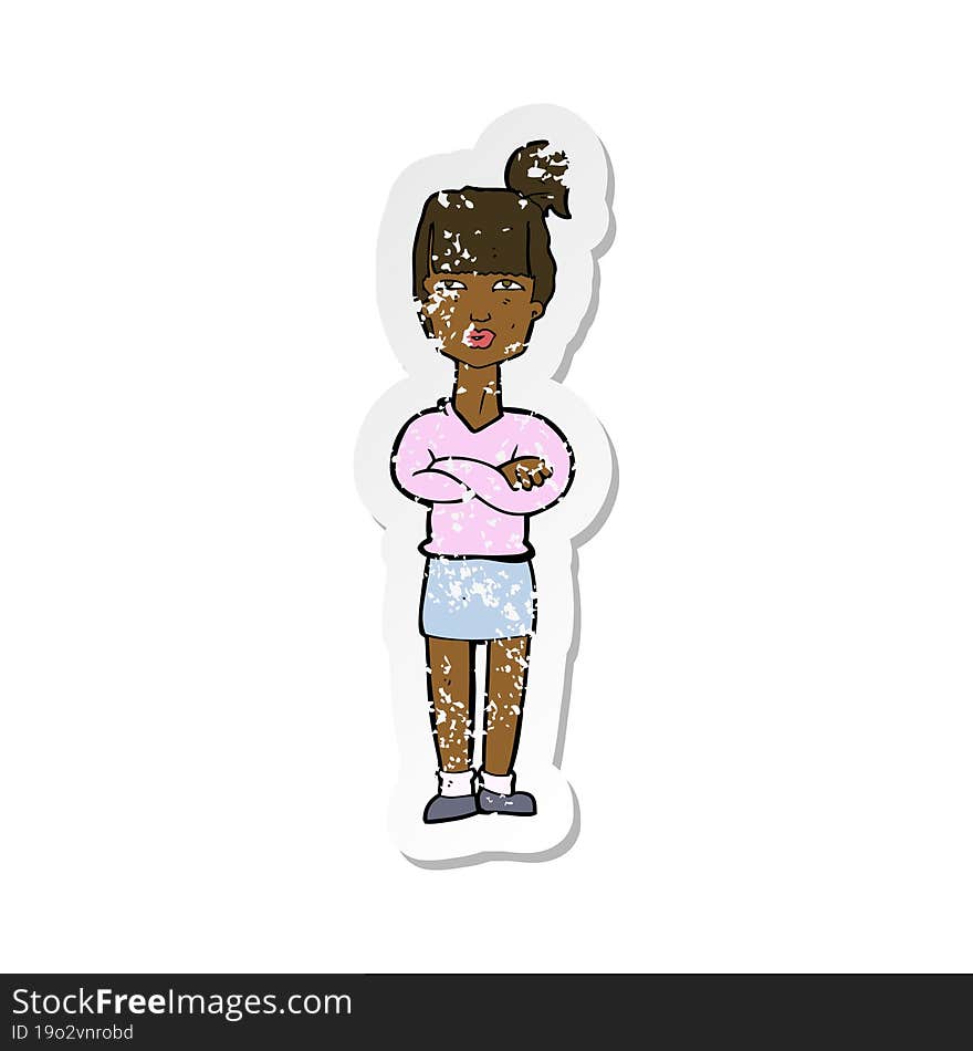 retro distressed sticker of a cartoon annoyed woman