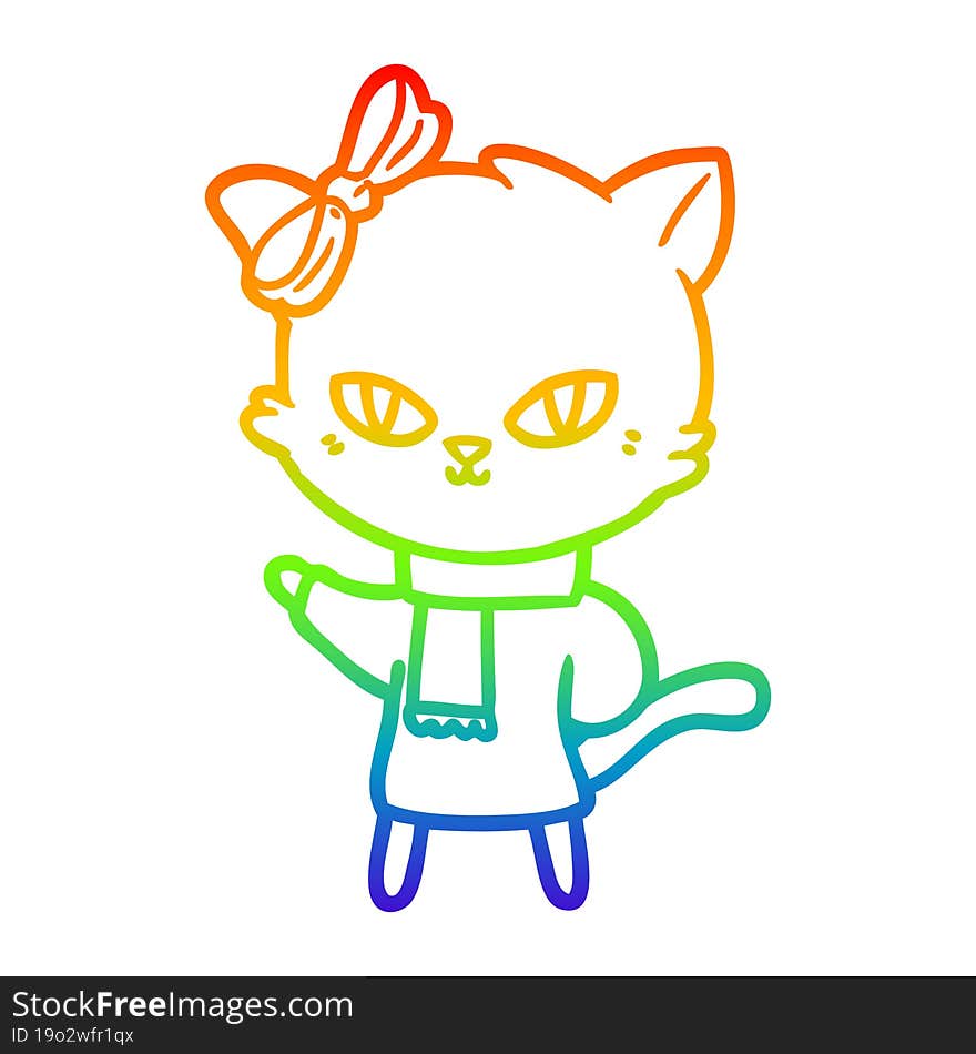 rainbow gradient line drawing cute cartoon cat in winter clothes