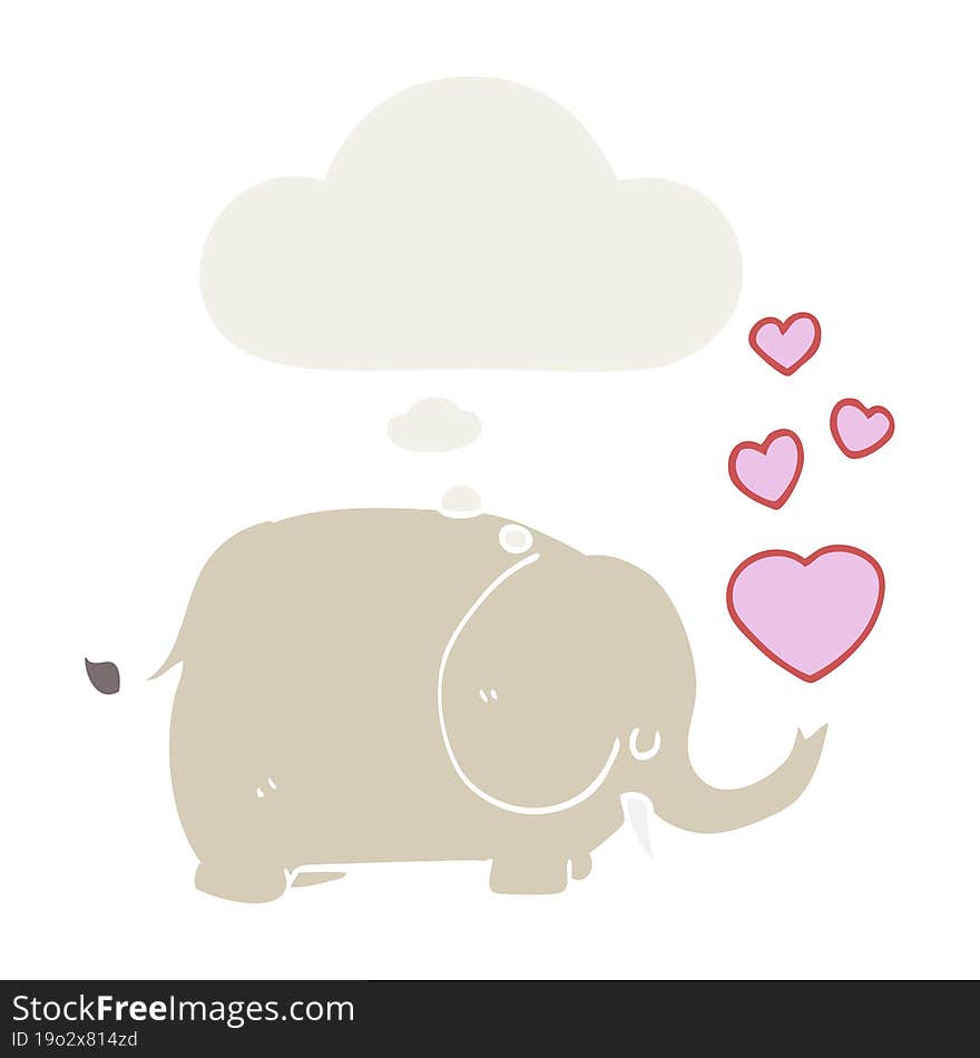 cute cartoon elephant with love hearts with thought bubble in retro style