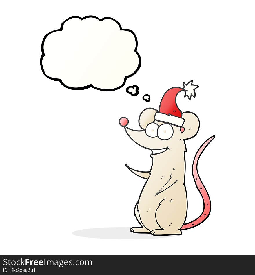 freehand drawn thought bubble cartoon mouse wearing christmas hat