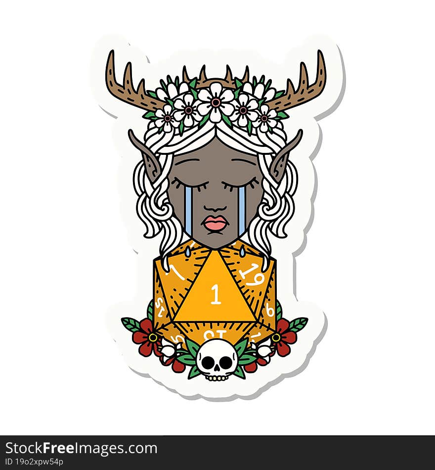 crying elf druid character face with natural one D20 roll sticker