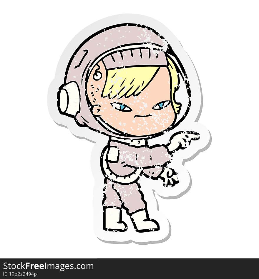 Distressed Sticker Of A Cartoon Astronaut Woman