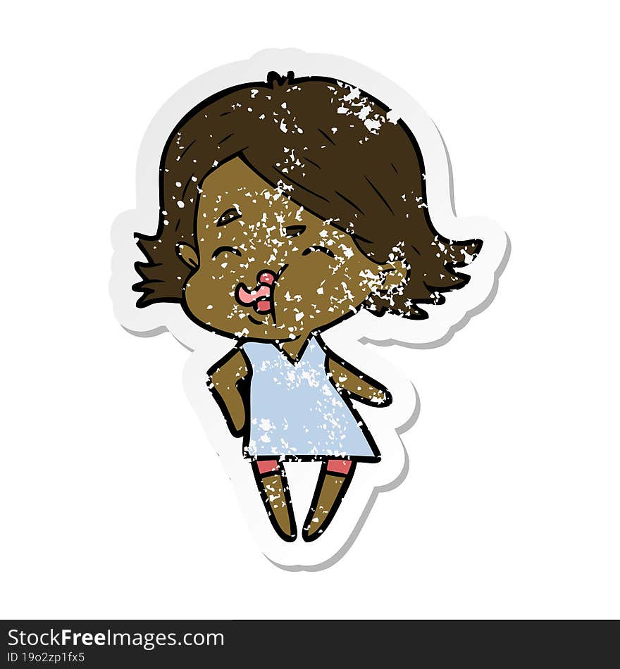 Distressed Sticker Of A Cartoon Girl Pulling Face