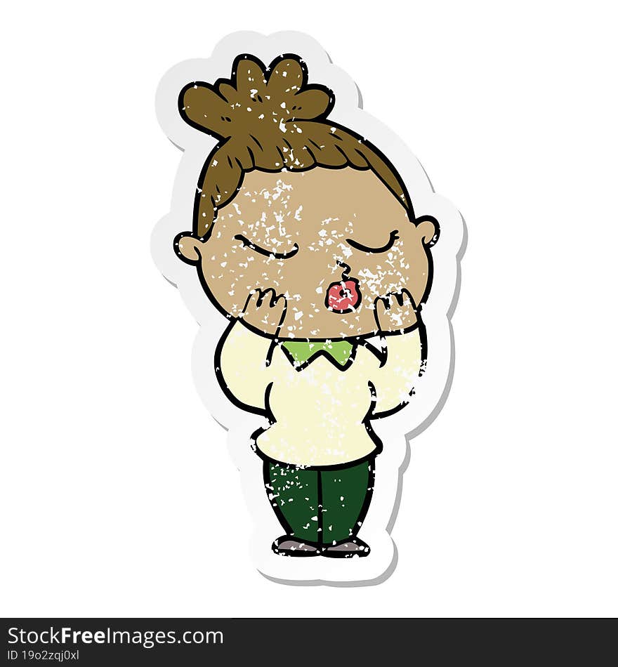 distressed sticker of a cartoon calm woman