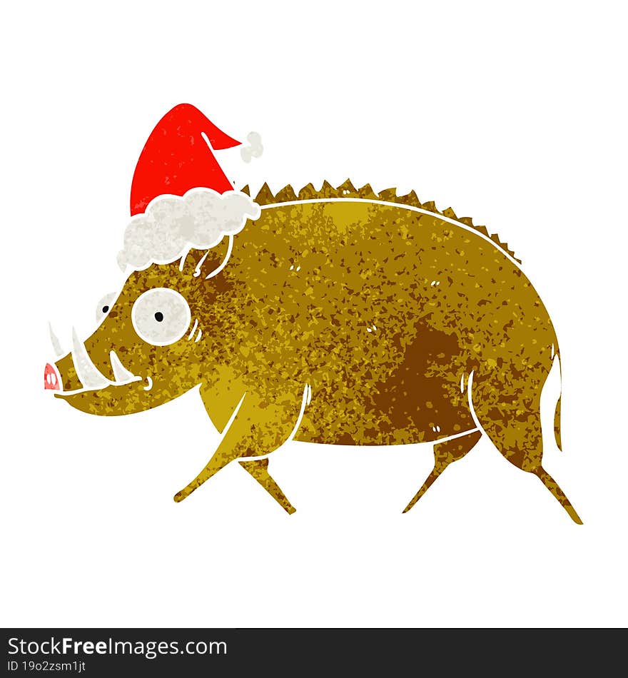 retro cartoon of a wild boar wearing santa hat