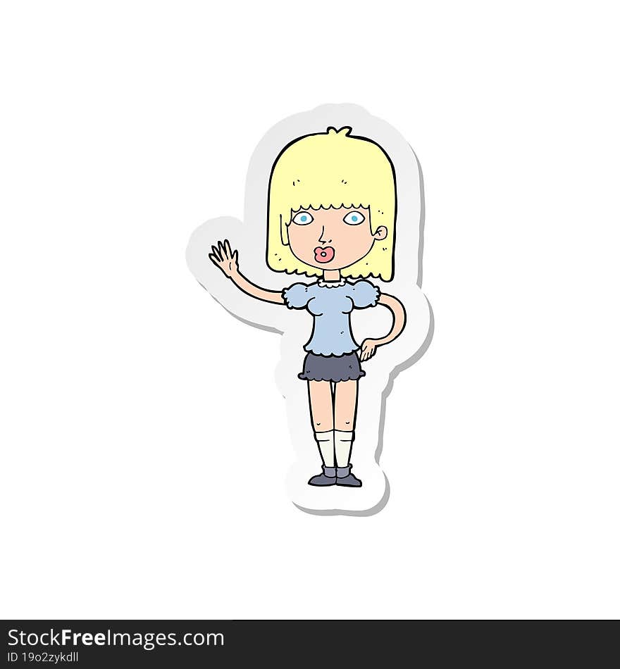 sticker of a cartoon woman waving