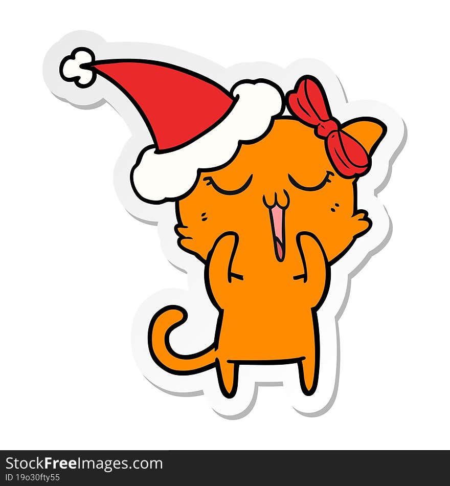 hand drawn sticker cartoon of a cat wearing santa hat