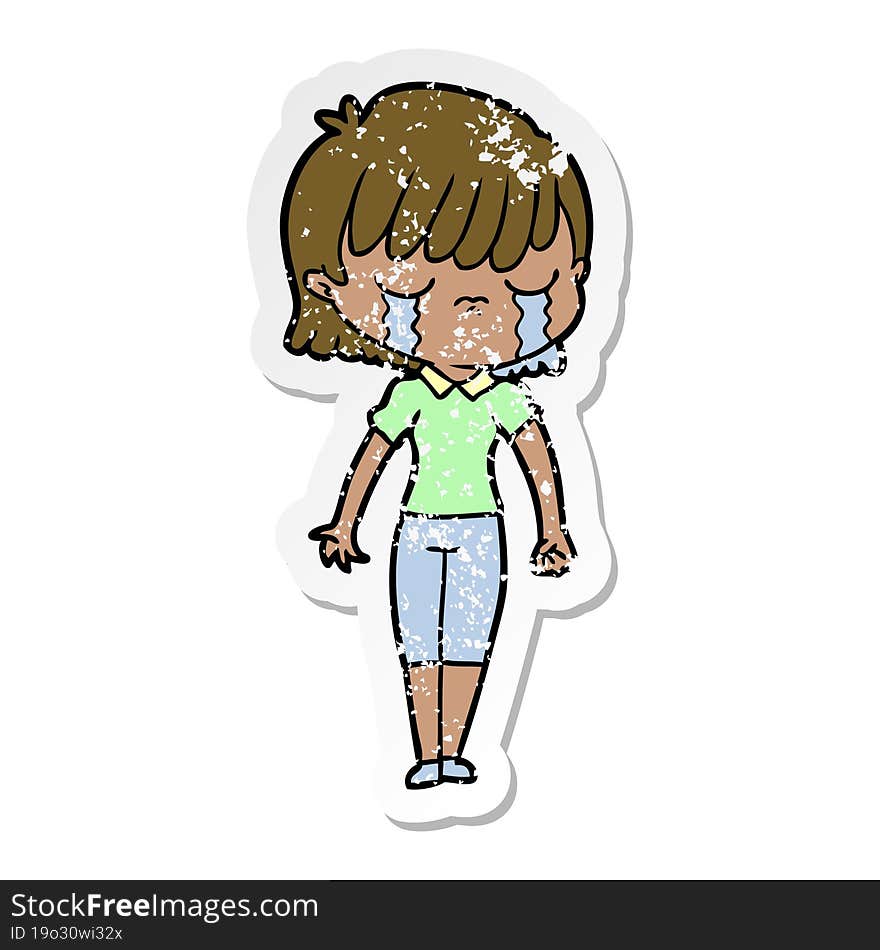 distressed sticker of a cartoon woman crying