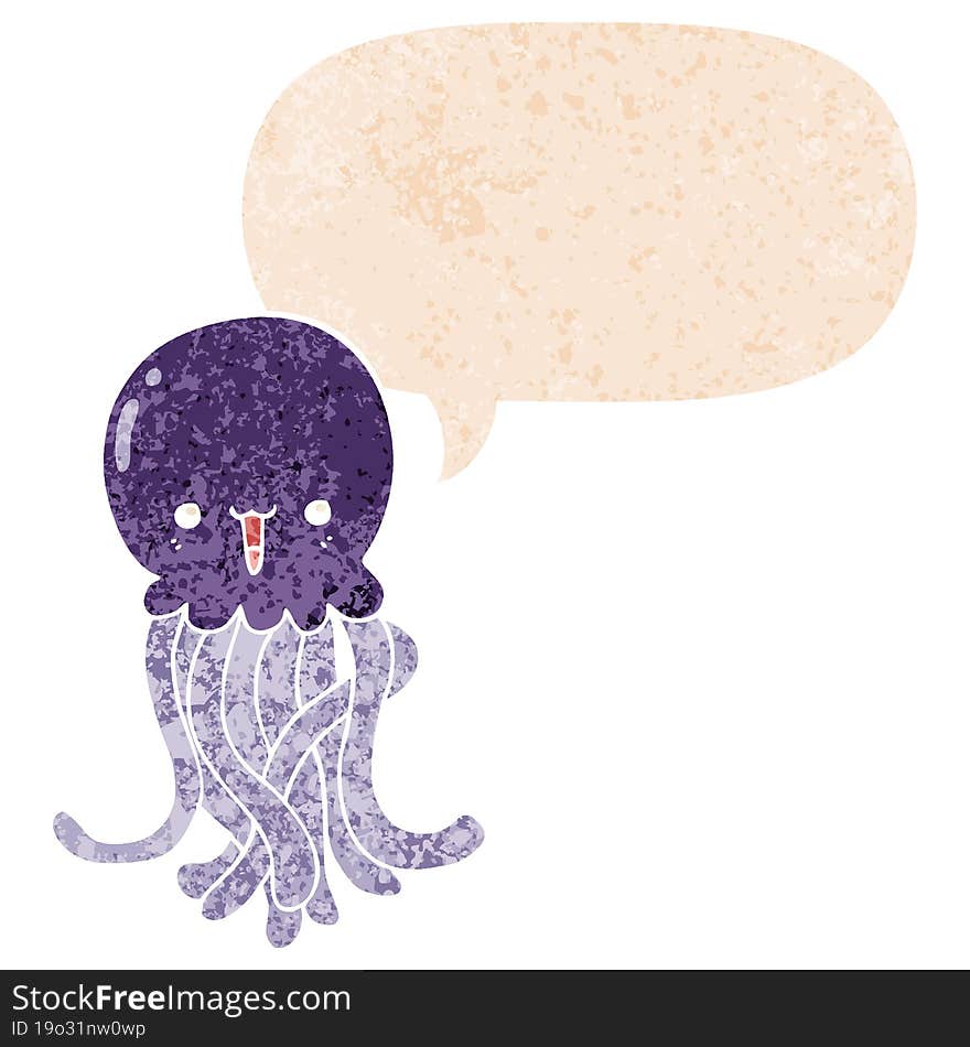 cartoon jellyfish and speech bubble in retro textured style