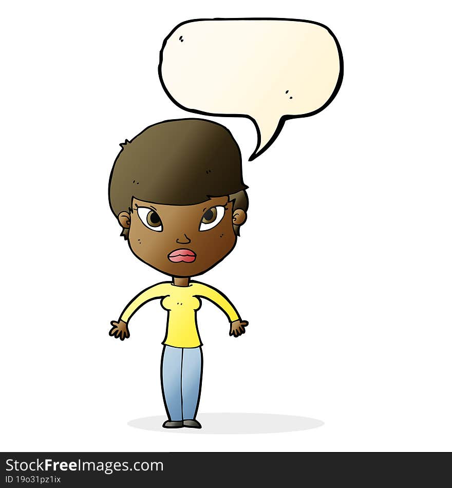 cartoon woman shrugging shoulders with speech bubble