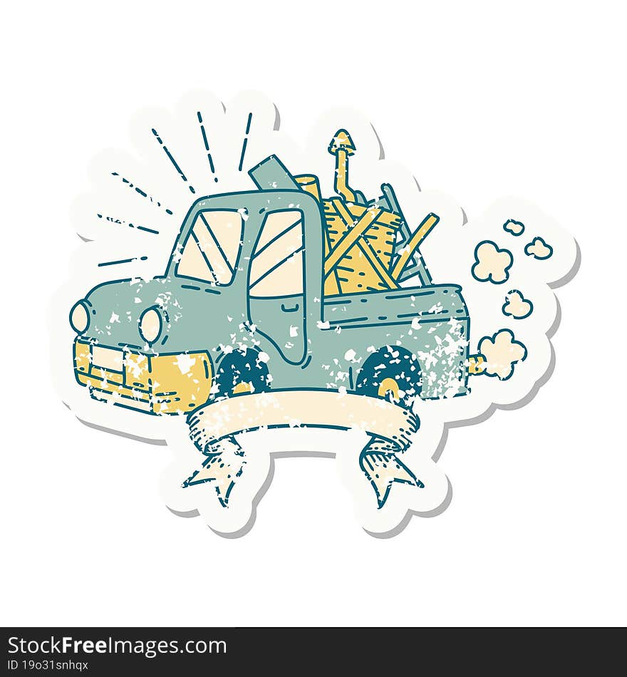 grunge sticker of tattoo style truck carrying junk