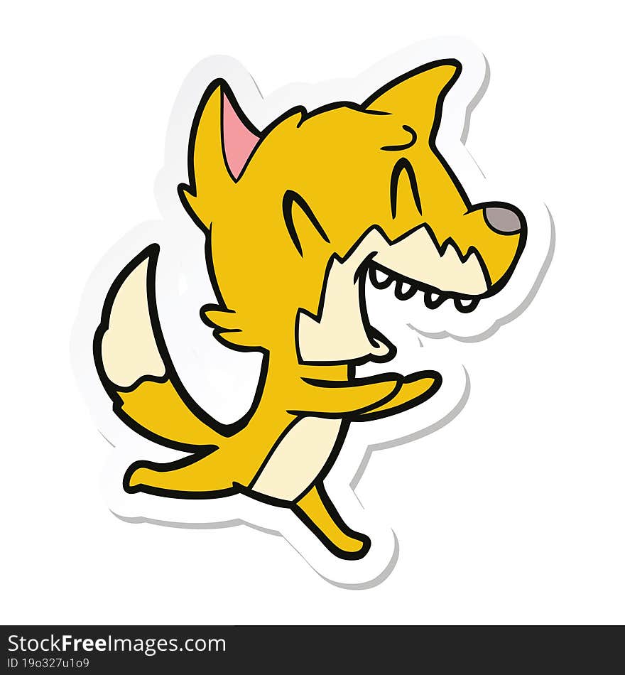 sticker of a laughing fox running away