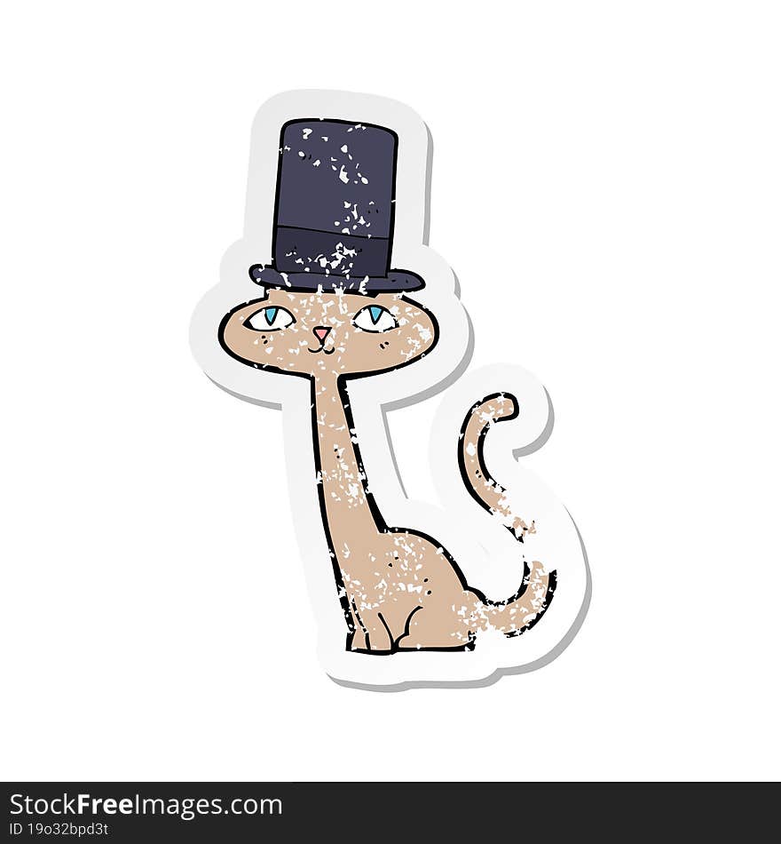 retro distressed sticker of a cartoon cat in top hat