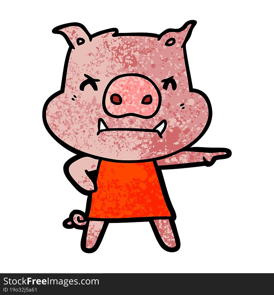 angry cartoon pig in dress pointing. angry cartoon pig in dress pointing