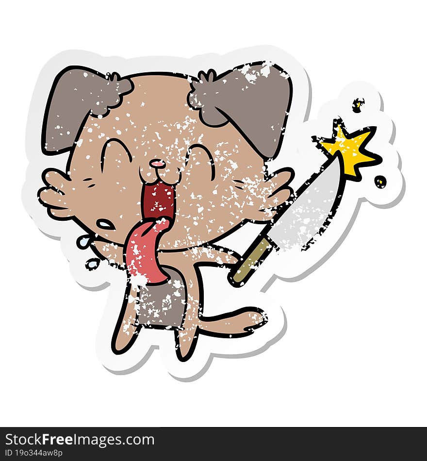 Distressed Sticker Of A Cartoon Crazy Dog With Knife