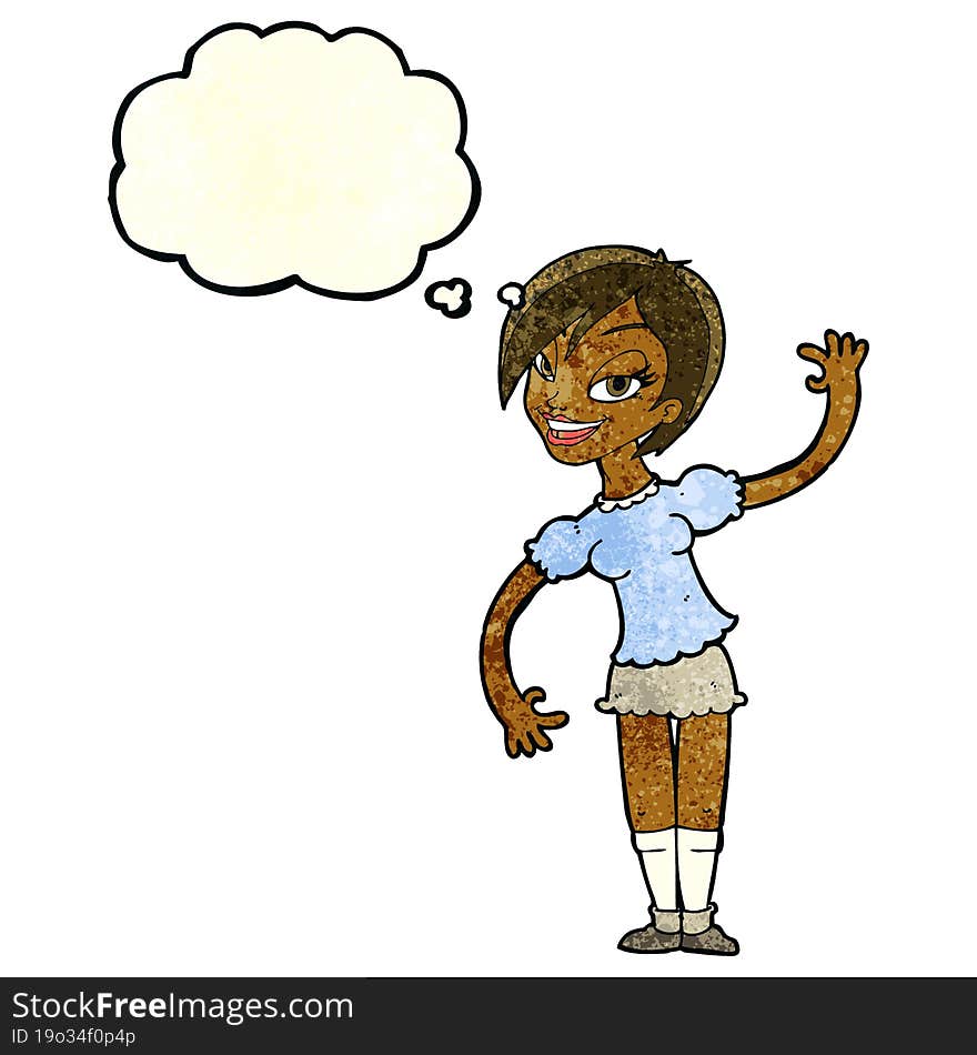 cartoon girl waving with thought bubble