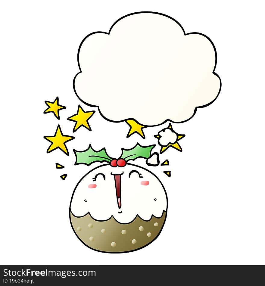 cute cartoon happy christmas pudding and thought bubble in smooth gradient style