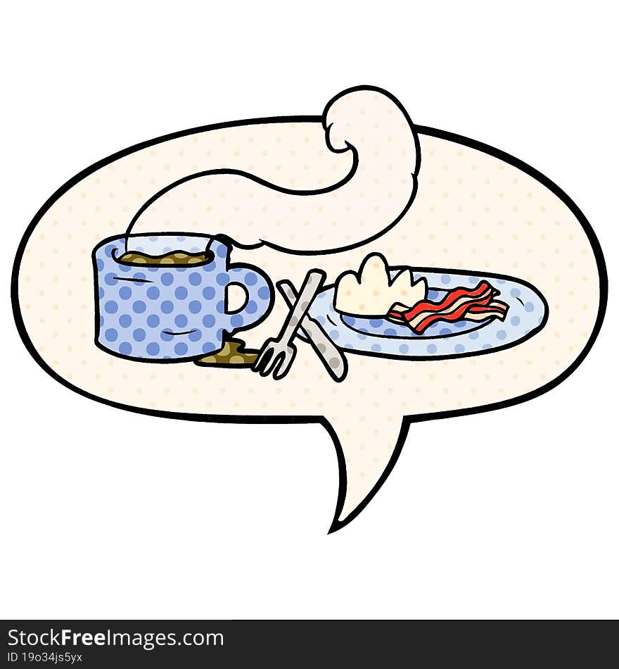 Cartoon Breakfast Of Coffee And Bacon And Speech Bubble In Comic Book Style