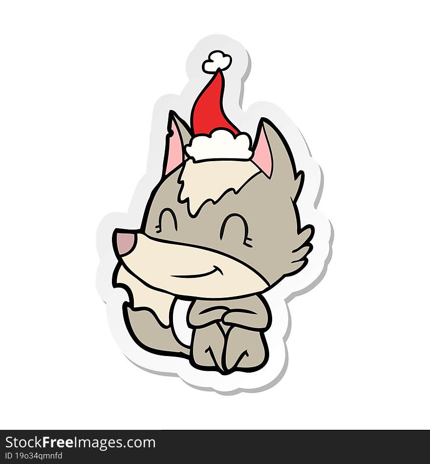 friendly sticker cartoon of a wolf wearing santa hat