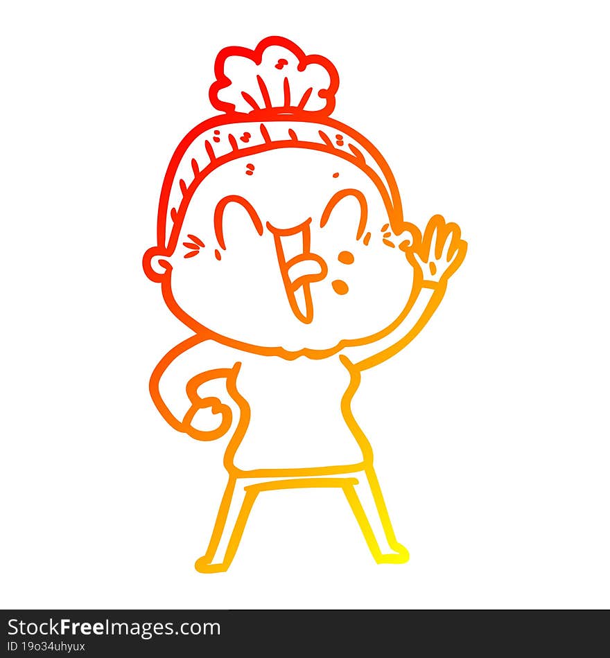 warm gradient line drawing of a cartoon happy old woman