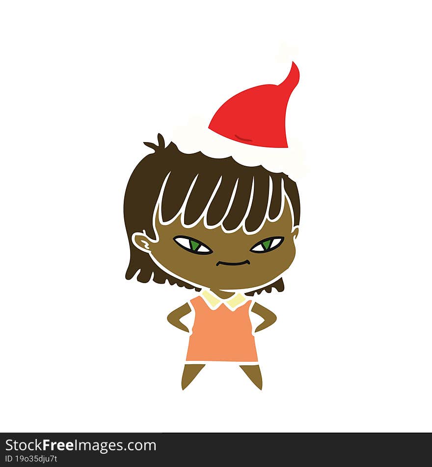 hand drawn flat color illustration of a woman wearing santa hat