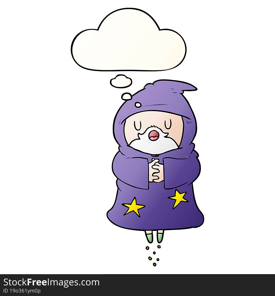 cartoon floating wizard with thought bubble in smooth gradient style