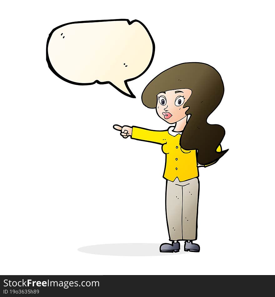 cartoon pretty woman pointing with speech bubble