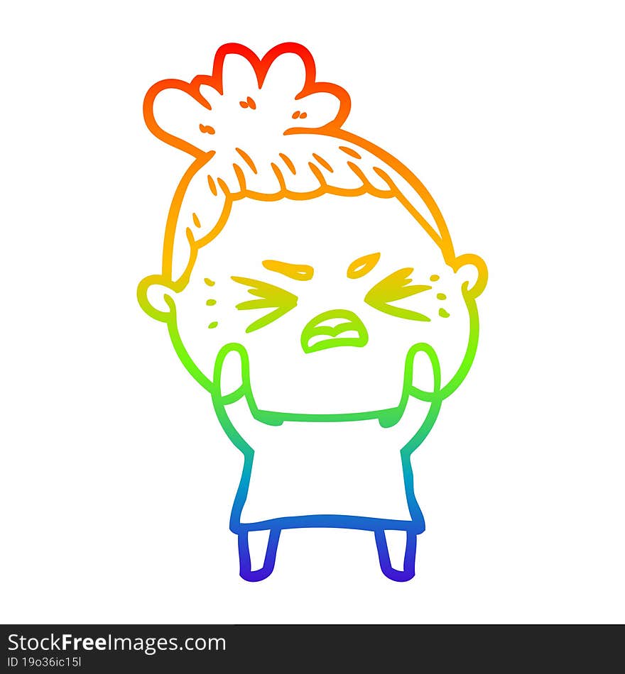 rainbow gradient line drawing of a cartoon angry woman