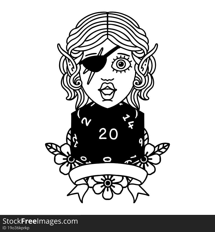 Black and White Tattoo linework Style elf rogue character with natural twenty dice roll. Black and White Tattoo linework Style elf rogue character with natural twenty dice roll