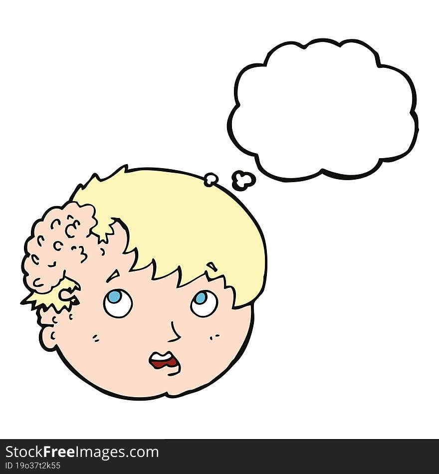 Cartoon Boy With Ugly Growth On Head With Thought Bubble