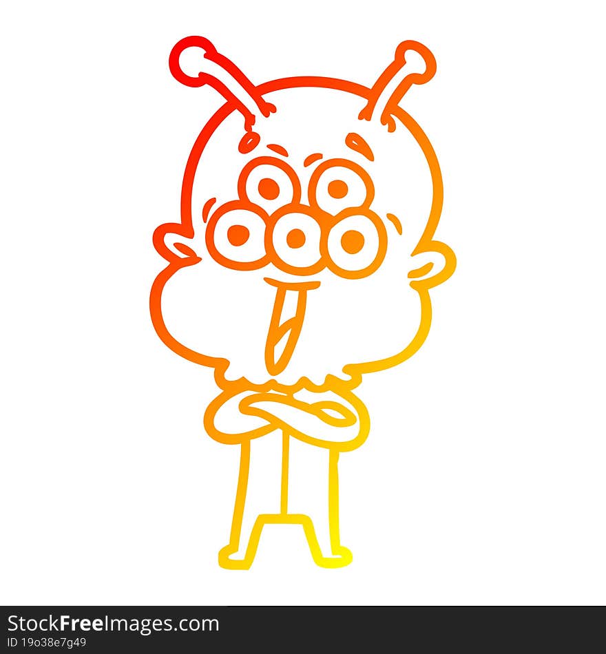 warm gradient line drawing of a happy cartoon alien