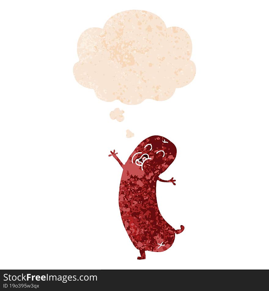 cartoon dancing sausage and thought bubble in retro textured style