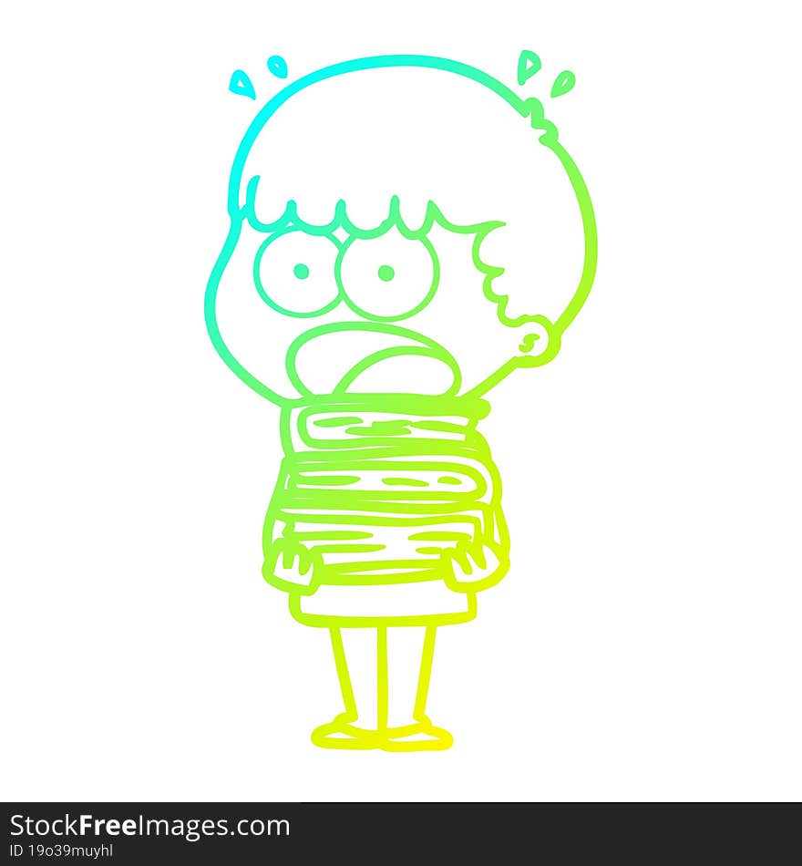 cold gradient line drawing cartoon shocked boy with stack of books