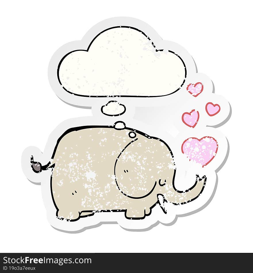 cute cartoon elephant with love hearts and thought bubble as a distressed worn sticker