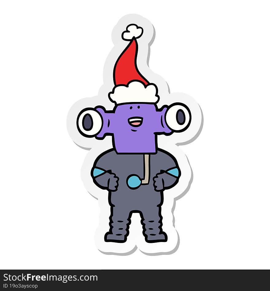 friendly hand drawn sticker cartoon of a alien wearing santa hat. friendly hand drawn sticker cartoon of a alien wearing santa hat