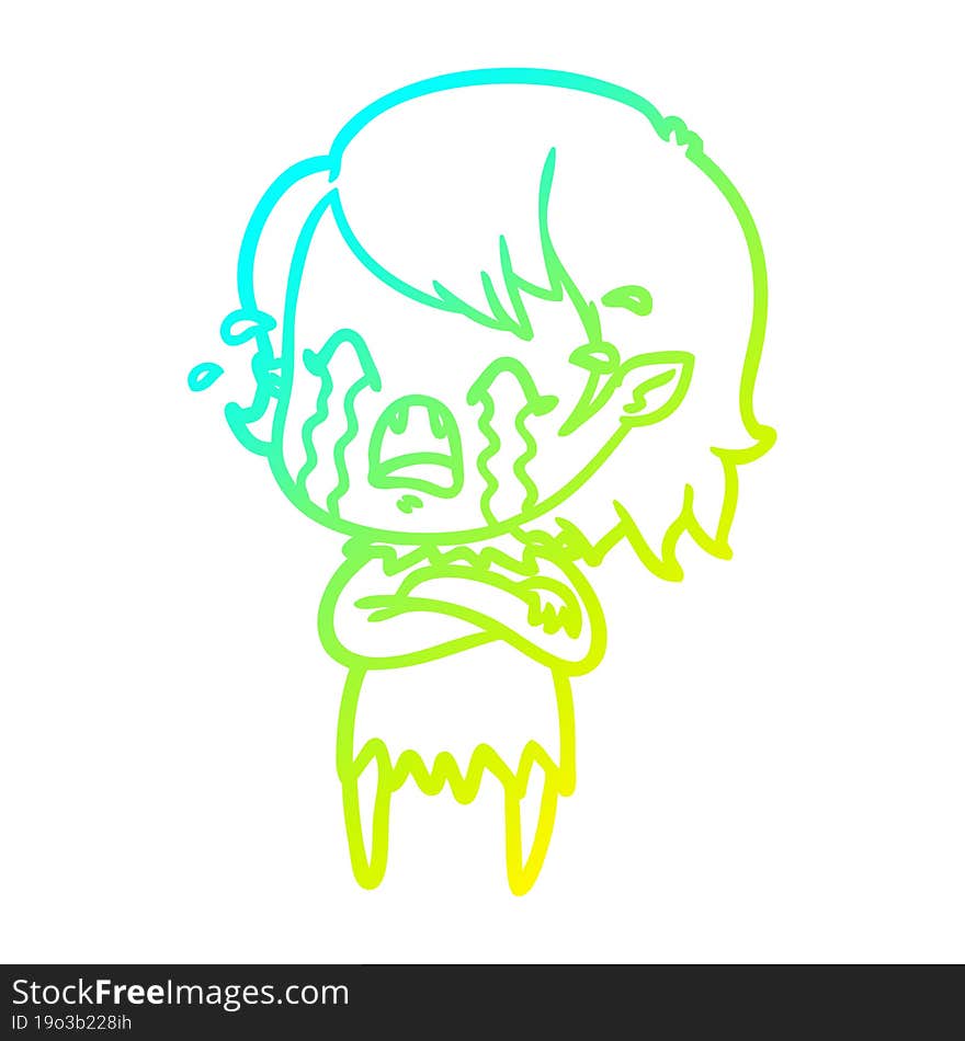 cold gradient line drawing cartoon crying vampire girl