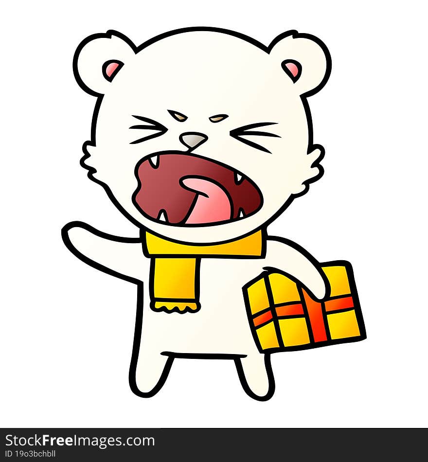 angry cartoon polar bear with christmas present. angry cartoon polar bear with christmas present