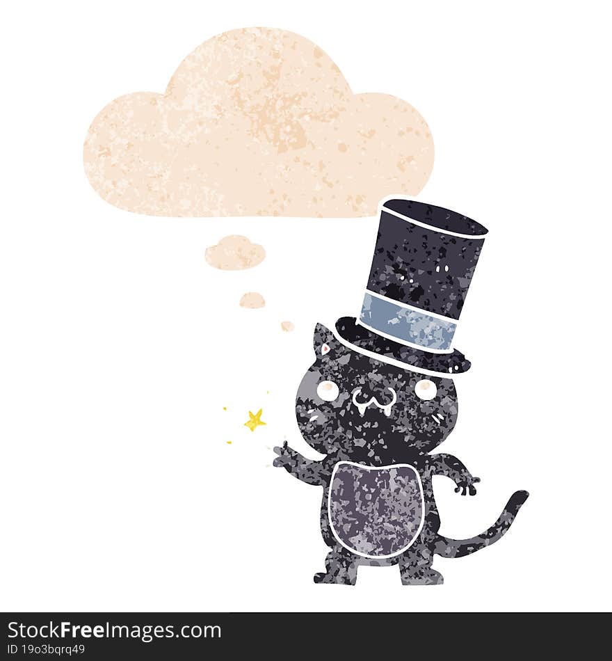 cartoon cat wearing top hat with thought bubble in grunge distressed retro textured style. cartoon cat wearing top hat with thought bubble in grunge distressed retro textured style