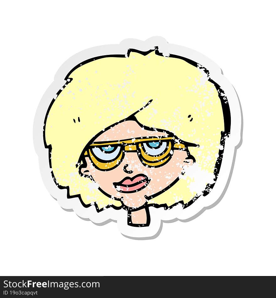 retro distressed sticker of a cartoon woman wearing spectacles