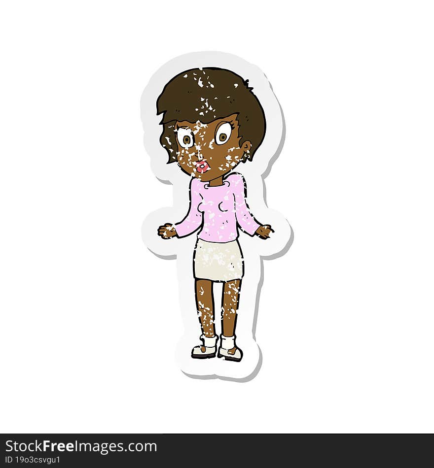 retro distressed sticker of a cartoon woman shrugging shoulders