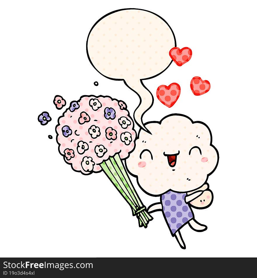 cute cartoon cloud head creature and speech bubble in comic book style