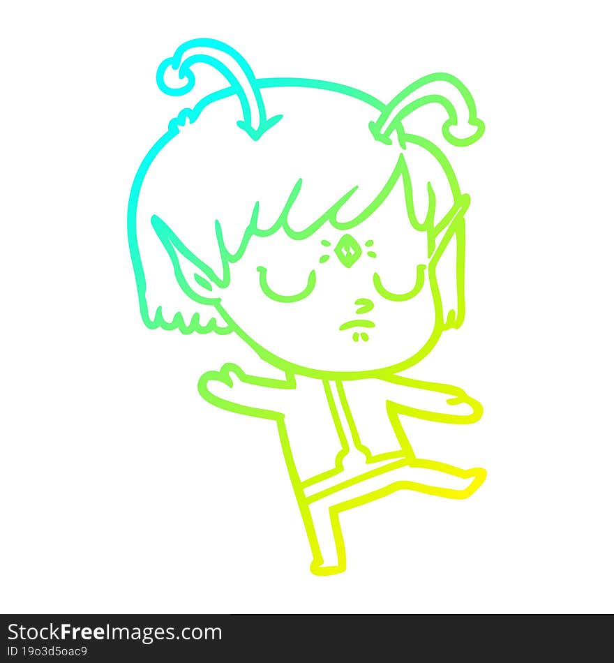 cold gradient line drawing of a cartoon alien girl