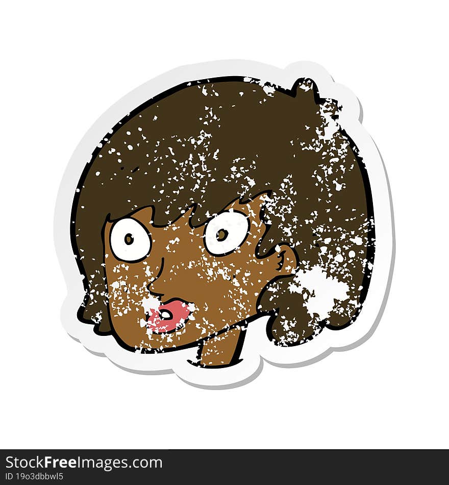 retro distressed sticker of a cartoon happy female face