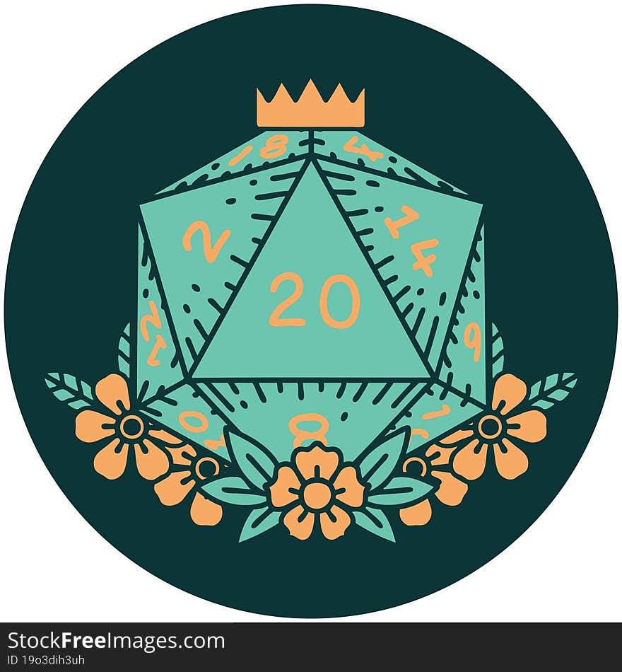 Natural 20 D20 Dice Roll With Floral Elements Icon