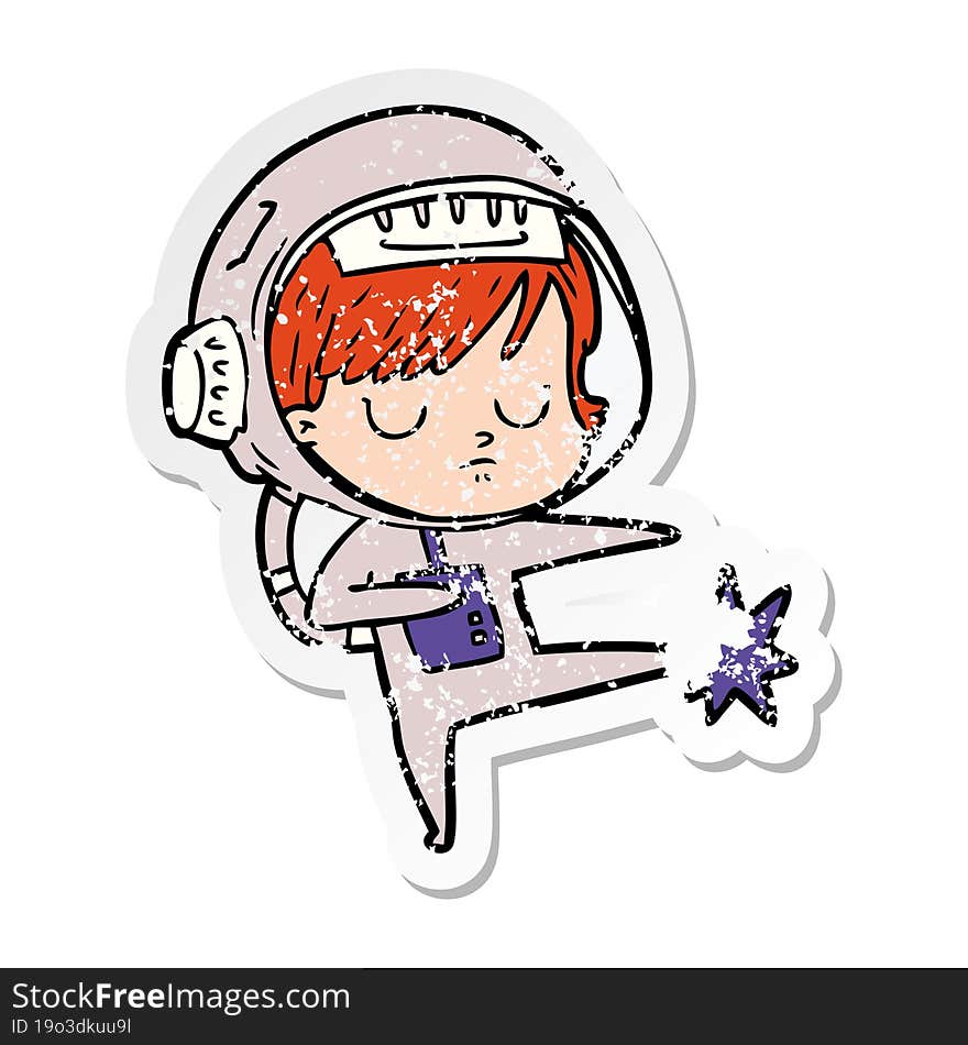 distressed sticker of a cartoon astronaut woman